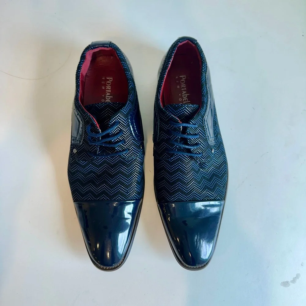 Mens Navy Blue Chevron Pattern Patent Cap Toe Dress Shoes‎ Oxford Size 8.5